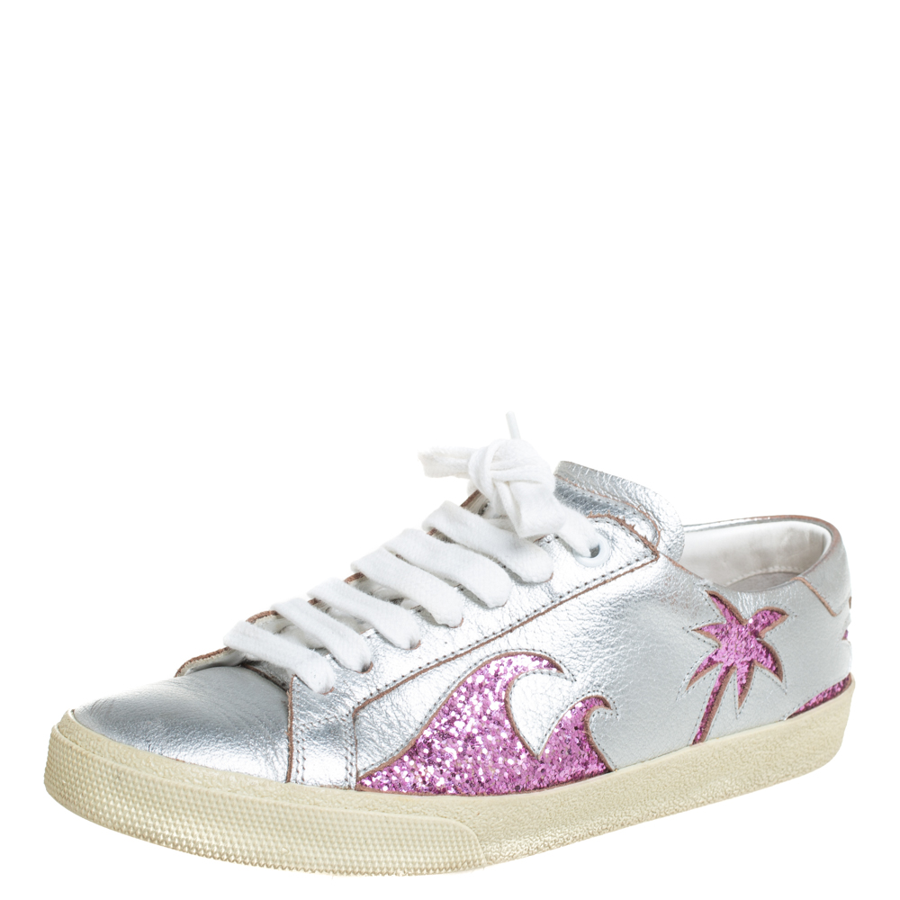 Saint Laurent Metallic Silver/Pink Leather And Glitter Court Sneakers Size 35.5