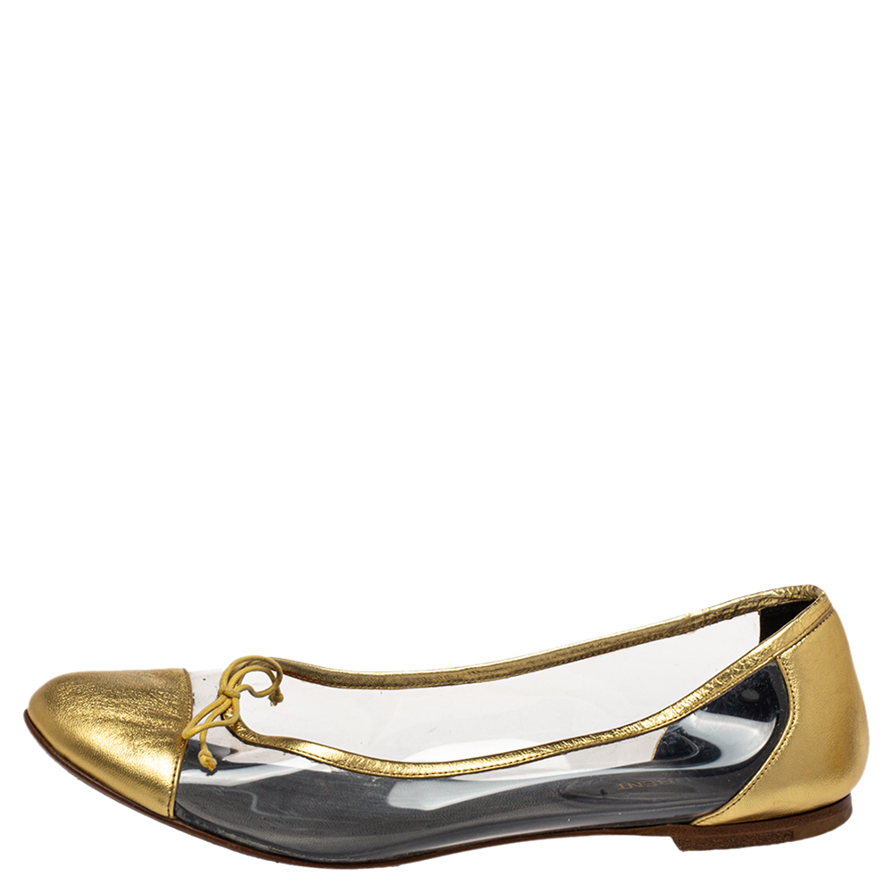 Saint Laurent Gold Leather And PVC Ballet Flats Size 39.5