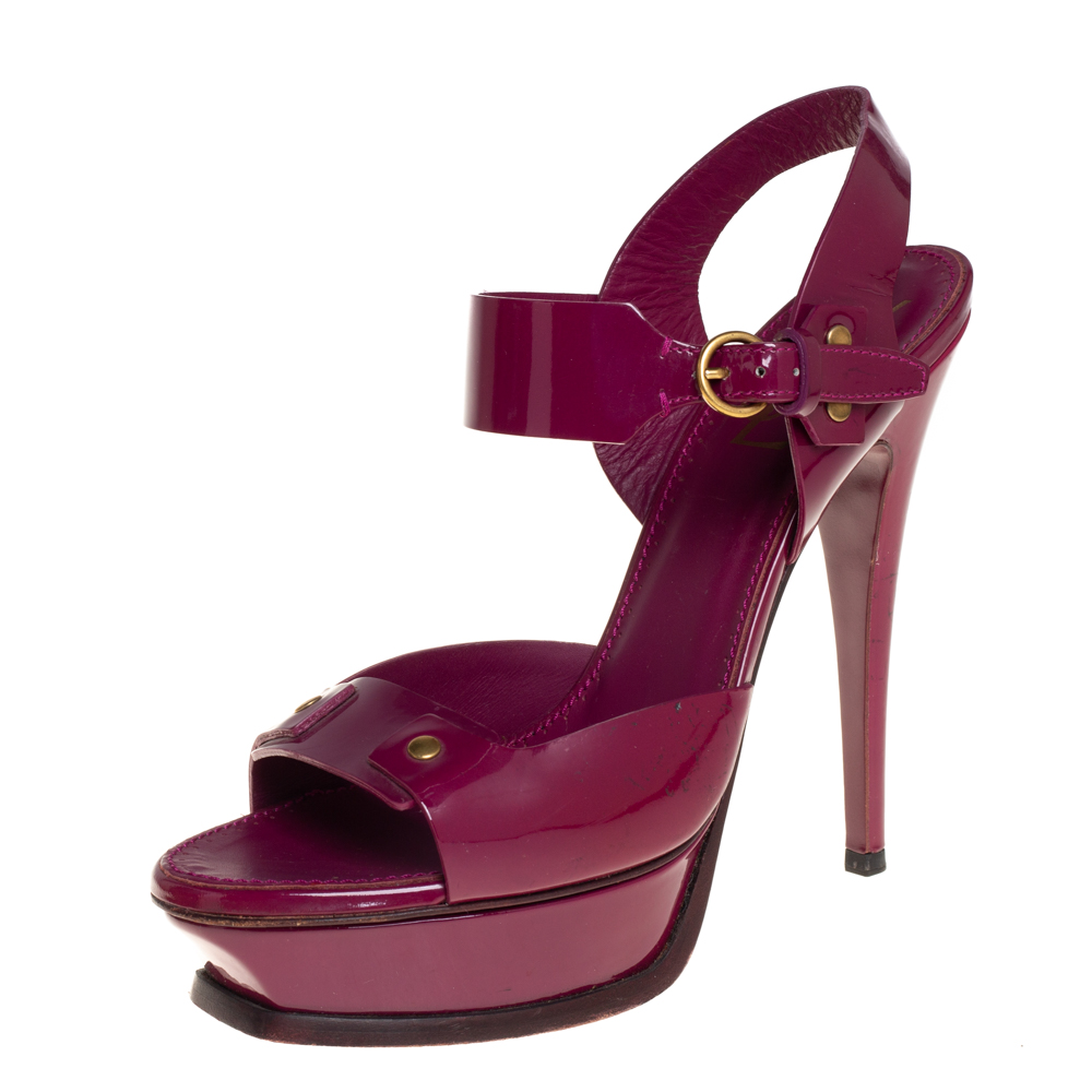 Saint Laurent Purple Patent Leather Ankle Strap Platform Sandals Size 39.5