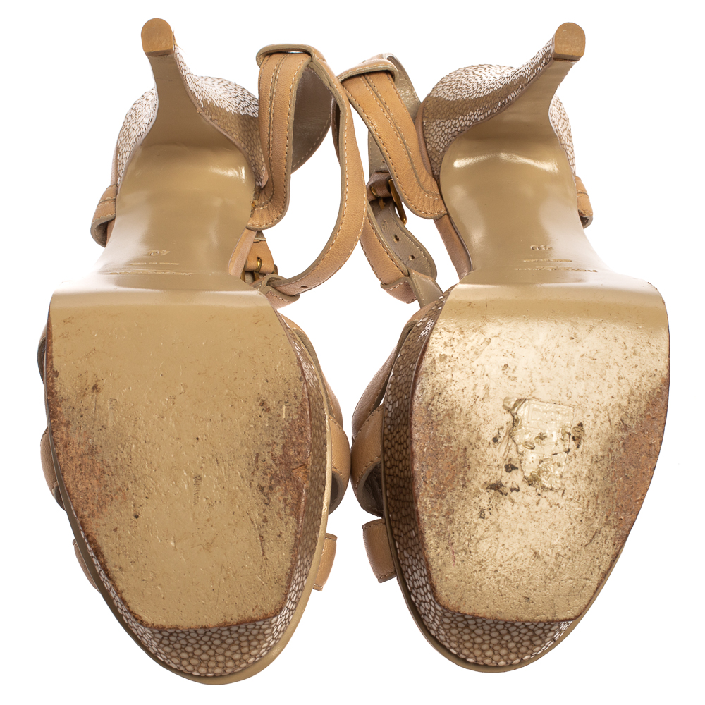 Saint Laurent Beige Leather And Textured Leather Ankle Strap Platform Sandals Size 40
