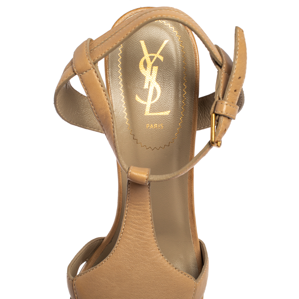 Saint Laurent Beige Leather And Textured Leather Ankle Strap Platform Sandals Size 40