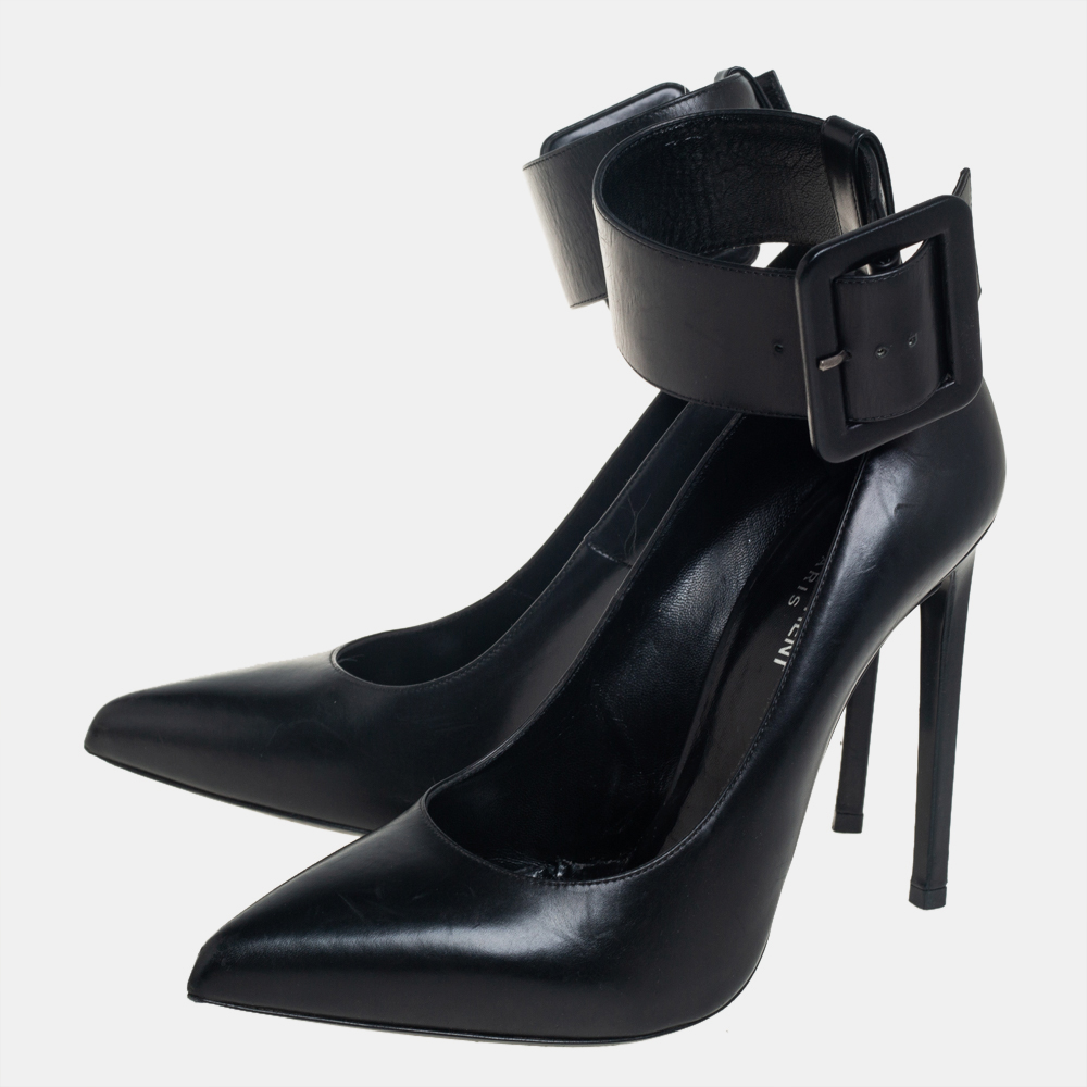 Saint Laurent Black Leather Escarpin Ankle Cuff Pumps Size 39