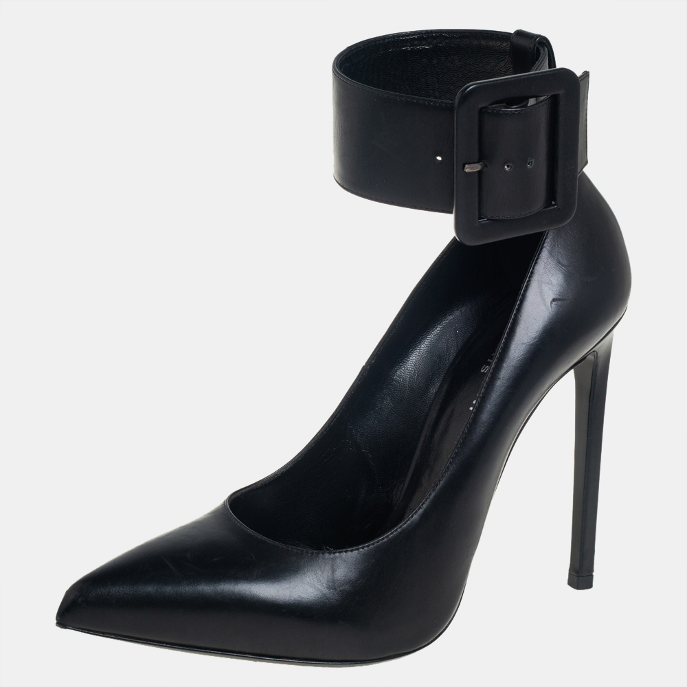 Saint Laurent Black Leather Escarpin Ankle Cuff Pumps Size 39