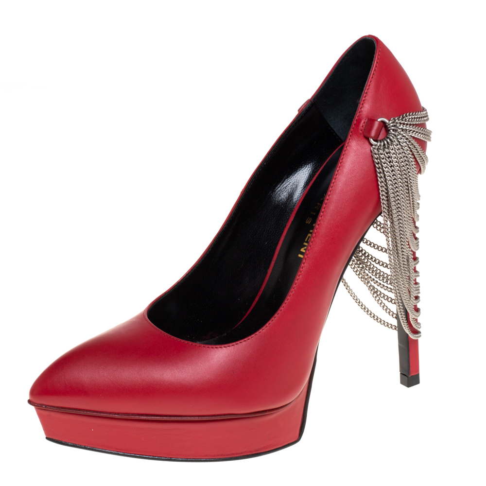 Saint Laurent Paris Red Leather Janis Chain Heel Platform Pumps Size 35