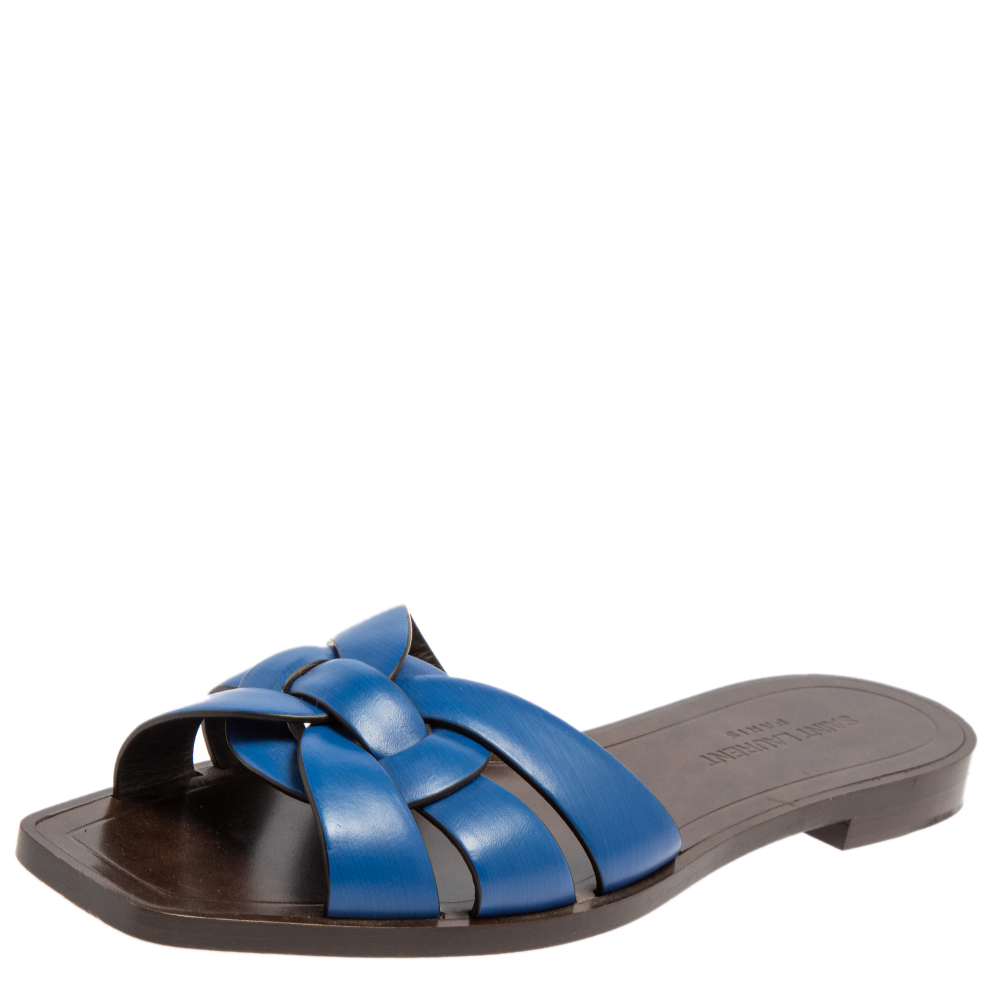 Saint Laurent Blue Leather Tribute Slide Sandals Size 37.5