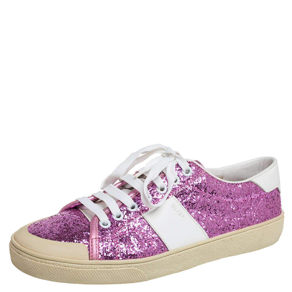 Saint Laurent Pink/White Glitter And Leather Low Top Sneakers Size 39