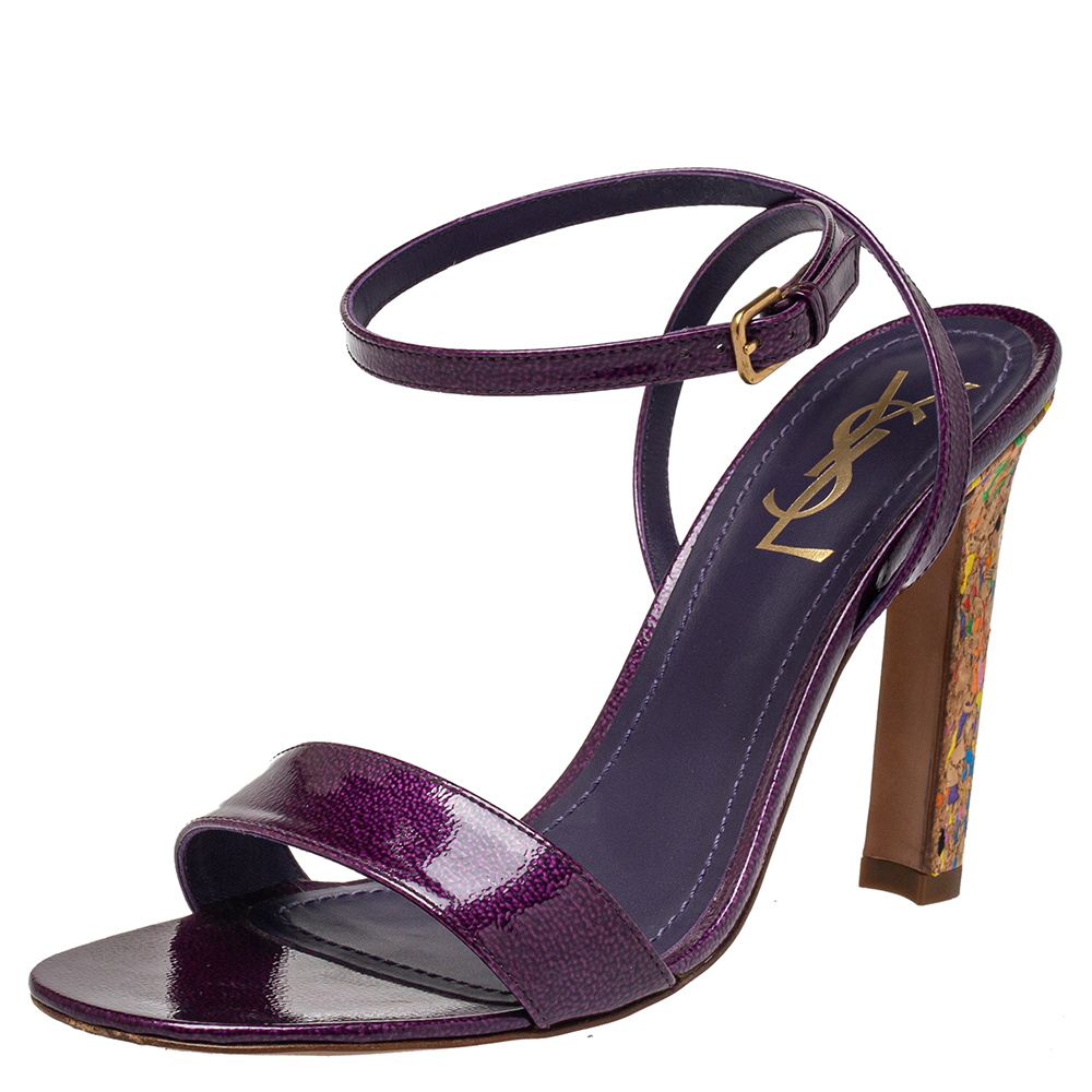 Saint Laurent Purple Patent Leather Slide Ankle Strap Sandals Size 38