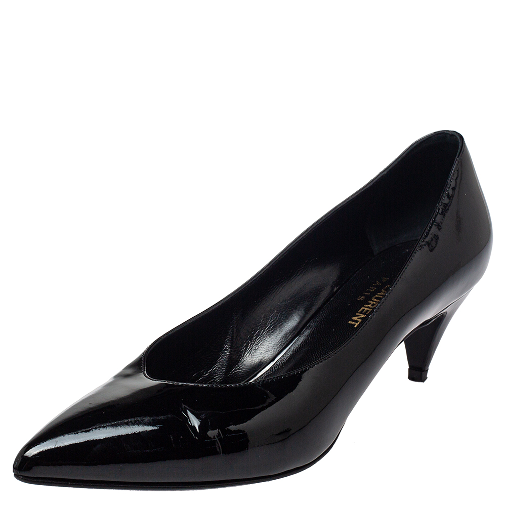 Saint Laurent Black Patent Leather Kitten Heel Pumps Size 37.5