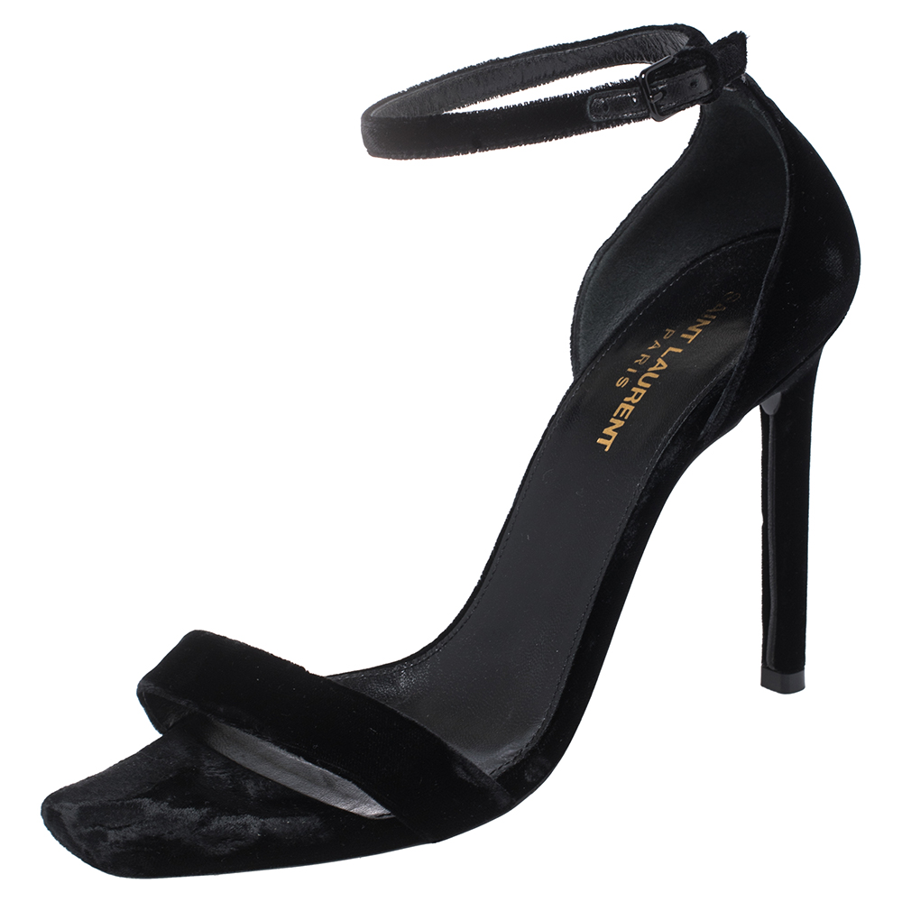 Saint Laurent Black Velvet Ankle Strap Sandals Size 39