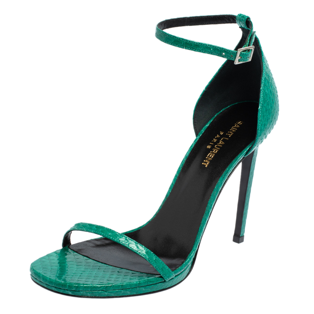Saint Laurent Green Python Leather Ankle Strap Sandals Size 39.5