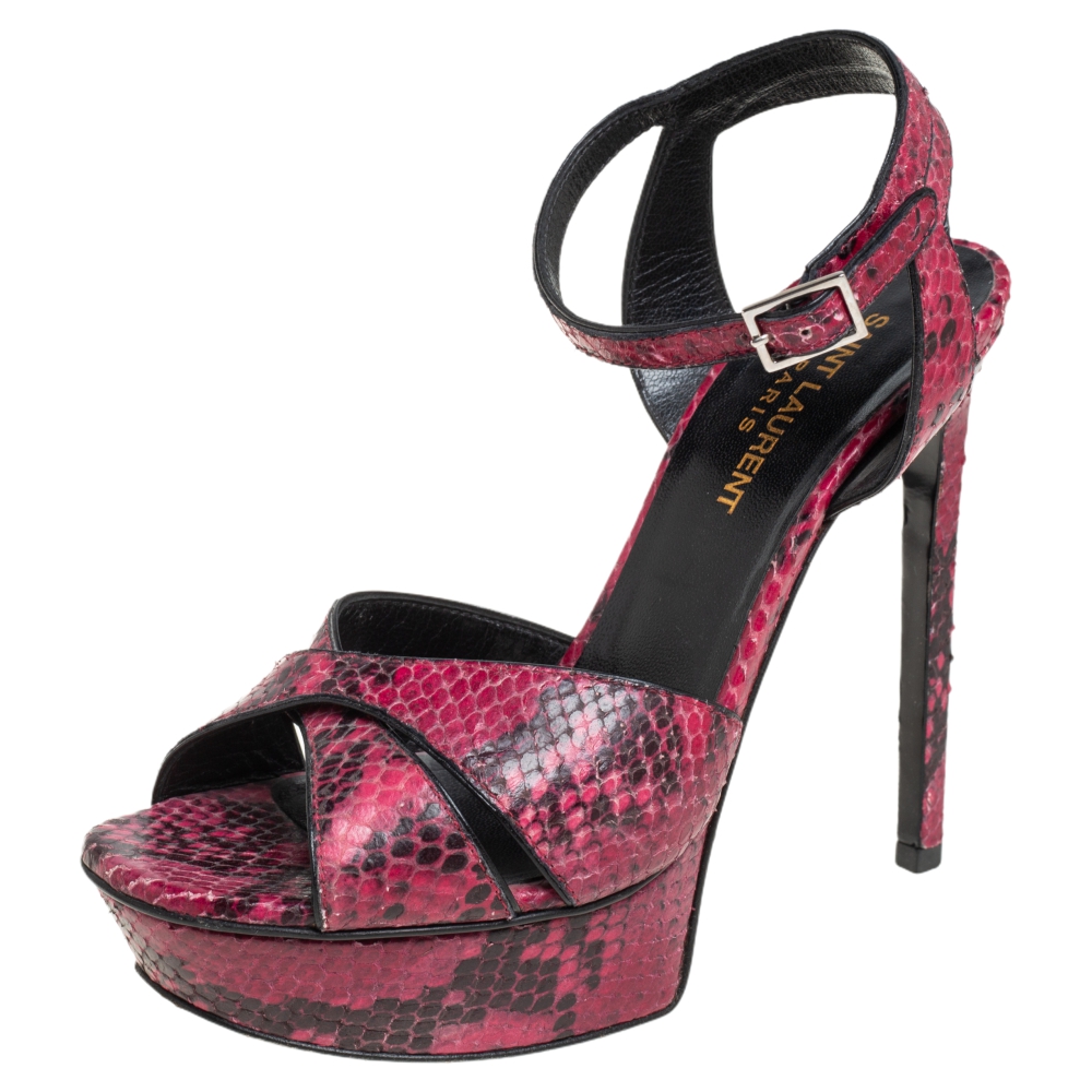 Saint Laurent Paris Pink/Black Python Embossed Leather Bianca Platform Sandals Size 37