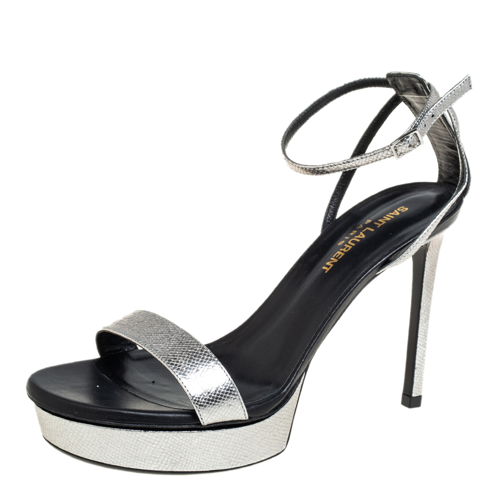Saint Laurent Metallic Silver Textured Leather Open Toe Ankle Strap Sandals Size 37