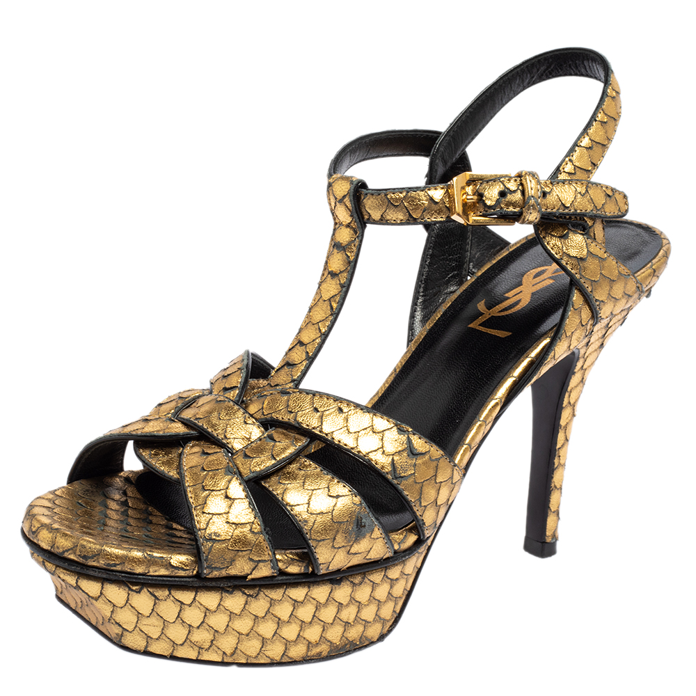 Saint Laurent Gold Python Embossed Leather Tribute Platform Ankle Strap Sandals Size 35