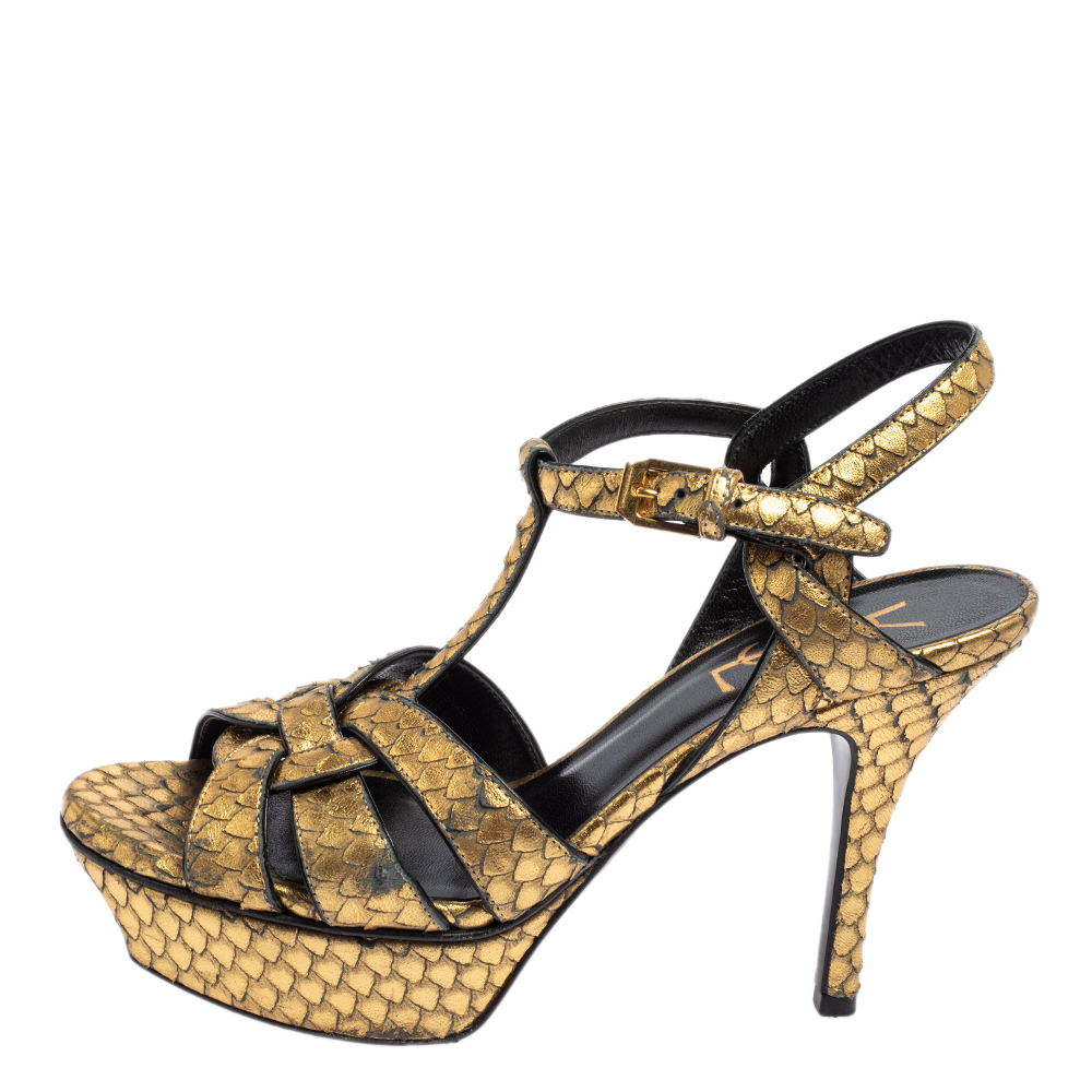 Saint Laurent Gold Python Embossed Leather Tribute Platform Ankle Strap Sandals Size 35