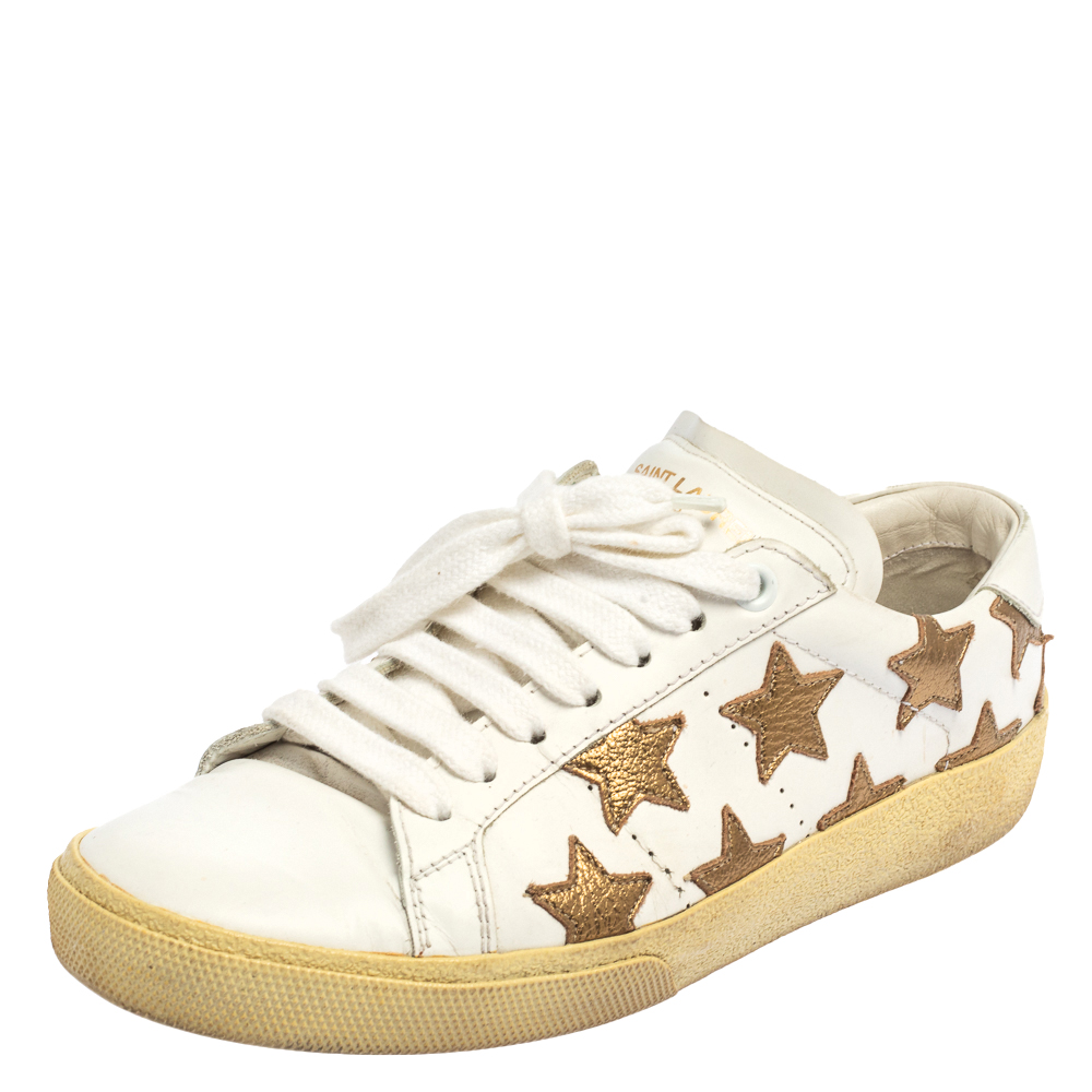 Saint Laurent White/Gold Leather Star Alpha Low Top Sneakers Size 35