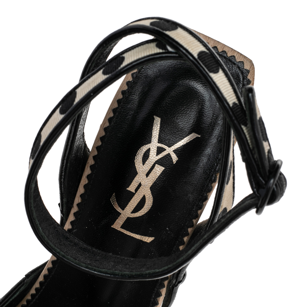 Saint Laurent Cream/Black Polka Dot Fabric And Patent Leather Slingback Sandals Size 38