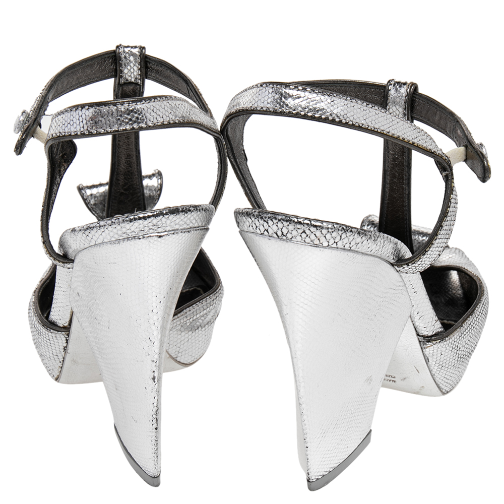 Saint Laurent Paris Silver Embossed Leather T Strap Sandals Size 37