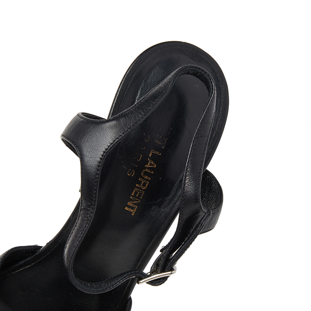 Saint Laurent Black Leather Embellished Platform Ankle Strap Sandals Size 38