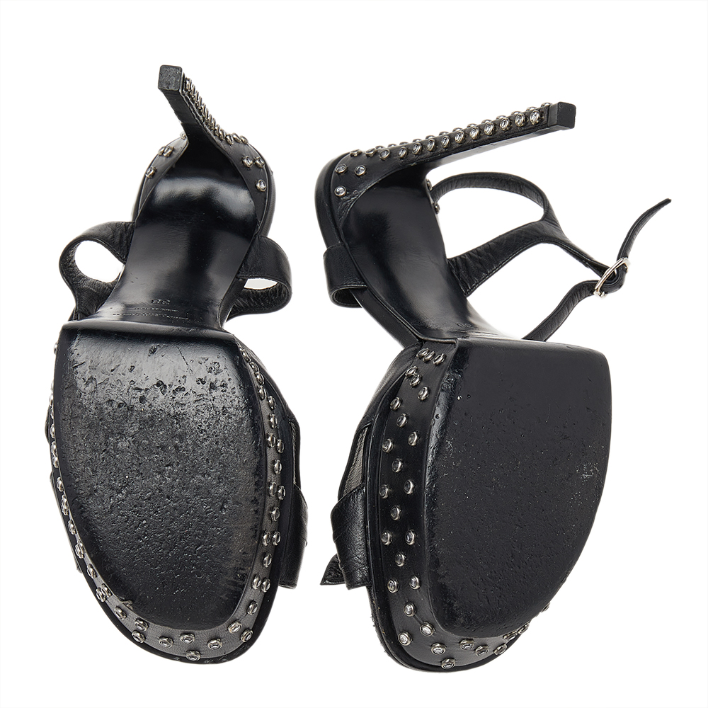 Saint Laurent Black Leather Embellished Platform Ankle Strap Sandals Size 38