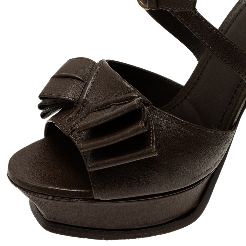 Saint Laurent Paris Brown Leather Y-Bow Platform Sandals Size 38