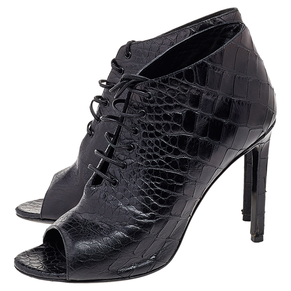 Saint Laurent Black Croc Embossed Leather Peep Toe Ankle Booties Size 37.5