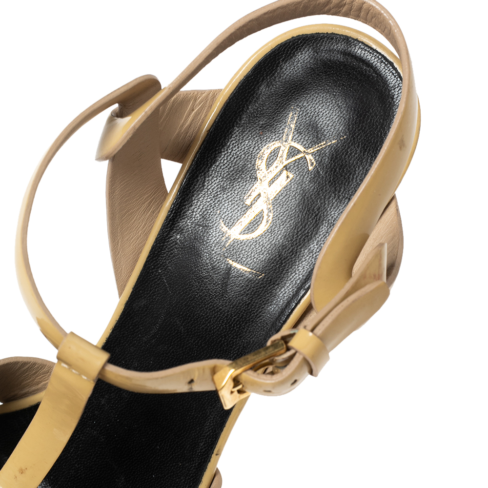 Saint Laurent Beige Patent Leather Tribute Platform Sandals Size 39