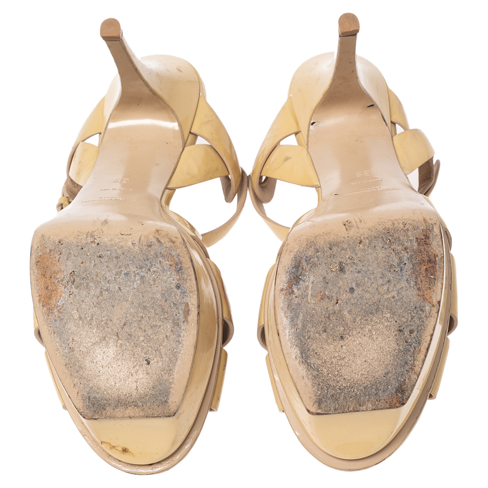Saint Laurent Beige Patent Leather Tribute Platform Sandals Size 39