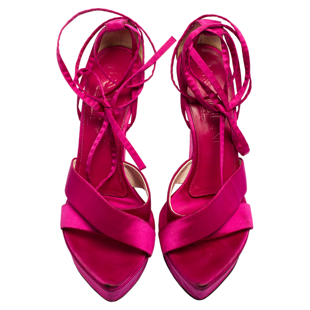 Saint Laurent Pink Satin Wedge Ankle Wrap Sandals Size 36