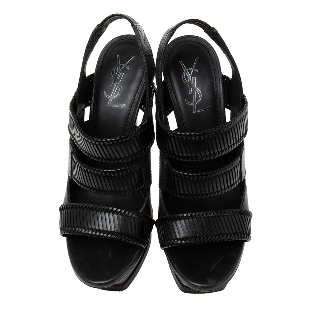 Saint Laurent Black Leather Strappy Slingback Sandals Size 38