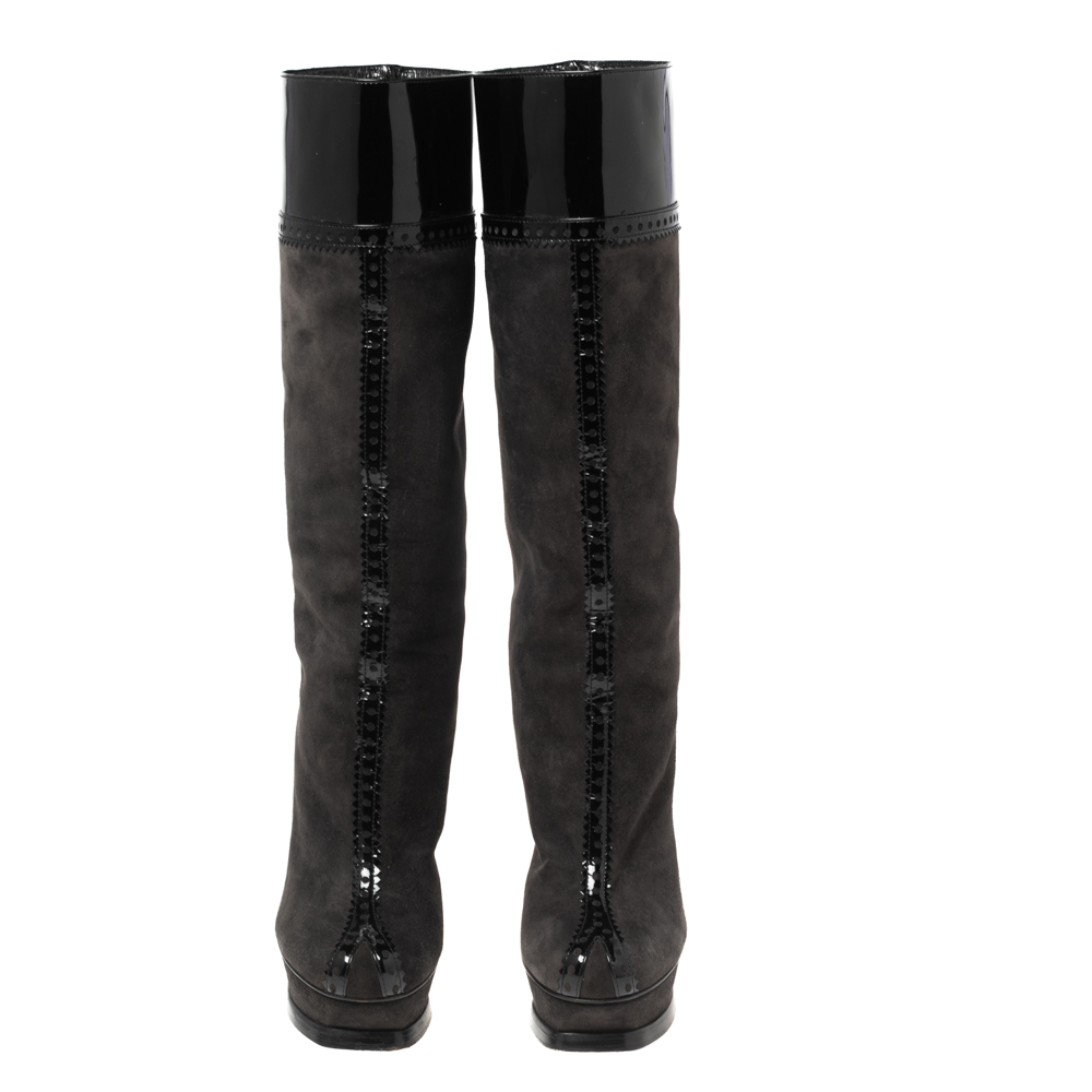 Saint Laurent Black/Grey Suede And Patent Leather Platform Knee Boots Size 37.5