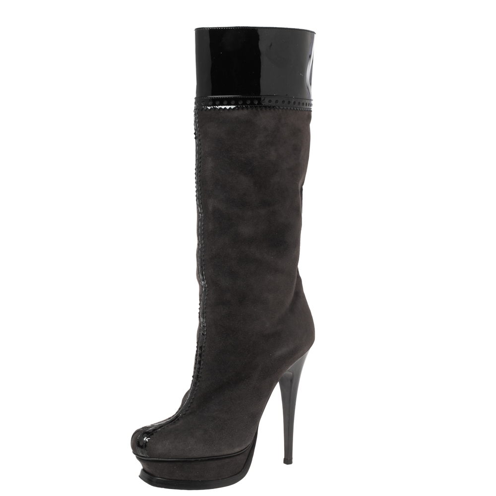 Saint Laurent Black/Grey Suede And Patent Leather Platform Knee Boots Size 37.5