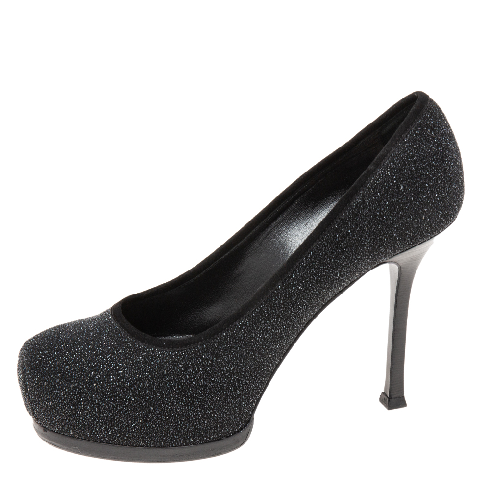 Saint Laurent Black Glitter And Suede Trim Tribtoo Pumps Size 36