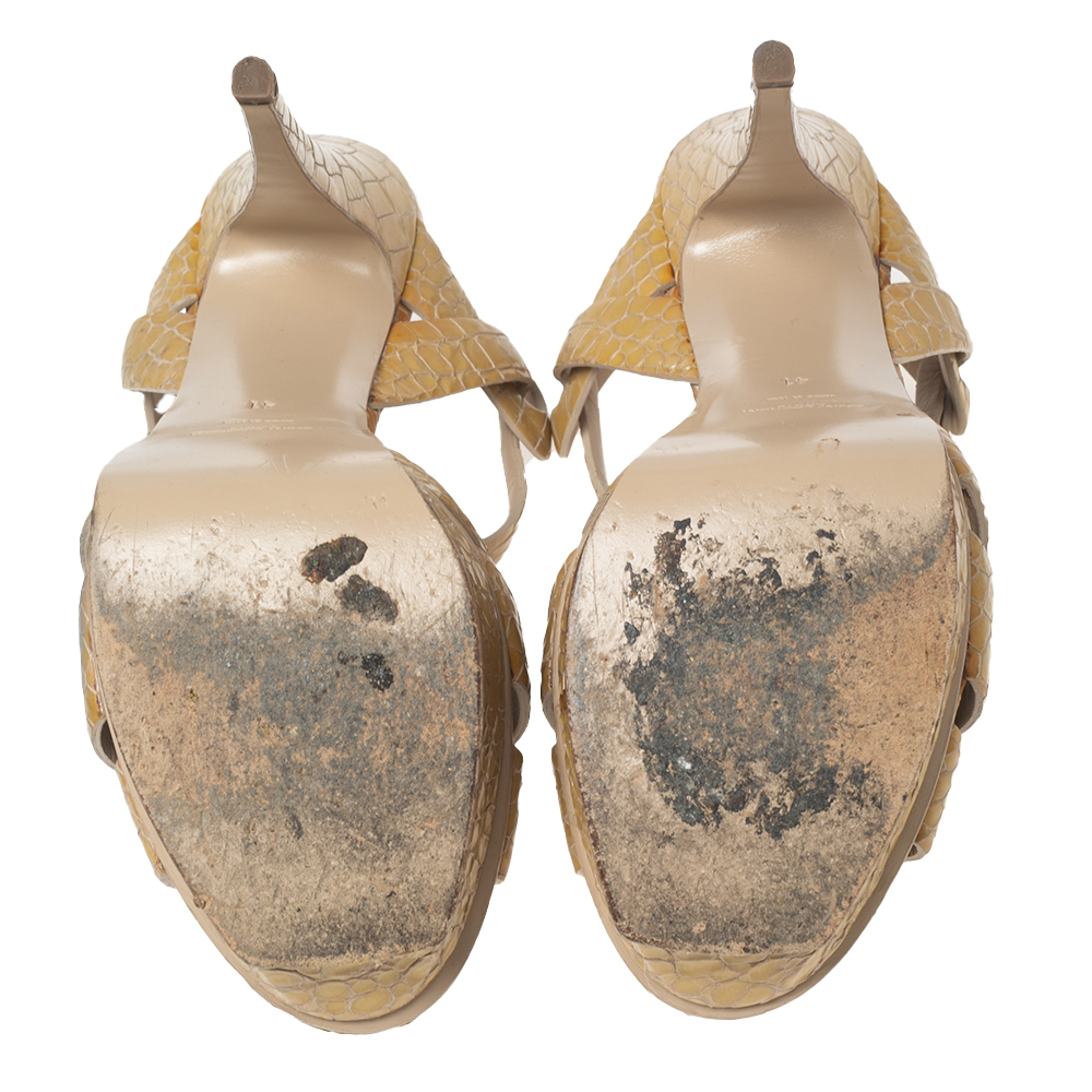 Saint Laurent Beige Croc Embossed Leather Tribute Platform Sandals Size 41