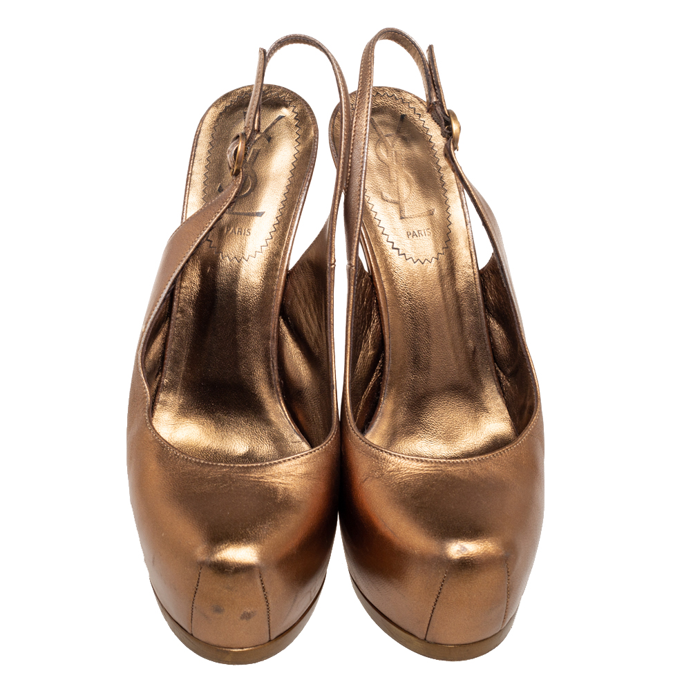 Saint Laurent Gold Leather Tribtoo Slingback Sandals Size 36.5