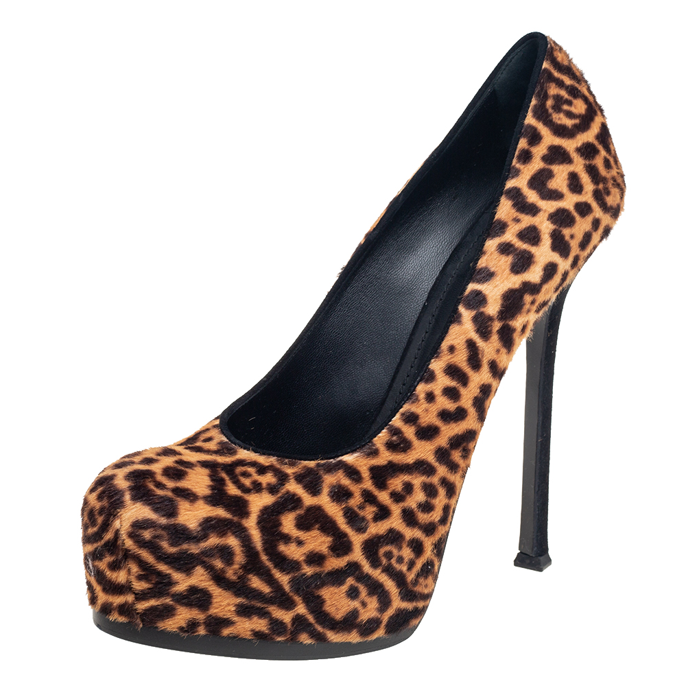 Saint Laurent Brown/Beige Leopard Print Pony Hair Tribtoo Pumps Size 41