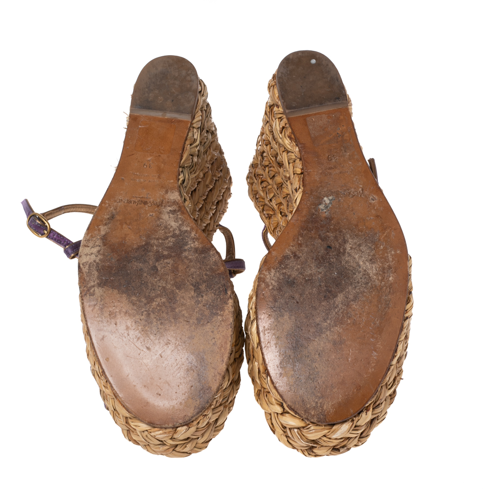 Saint Laurent Metallic Gold/Violet Leather And Satin Espadrille Wedge Sandals Size 39