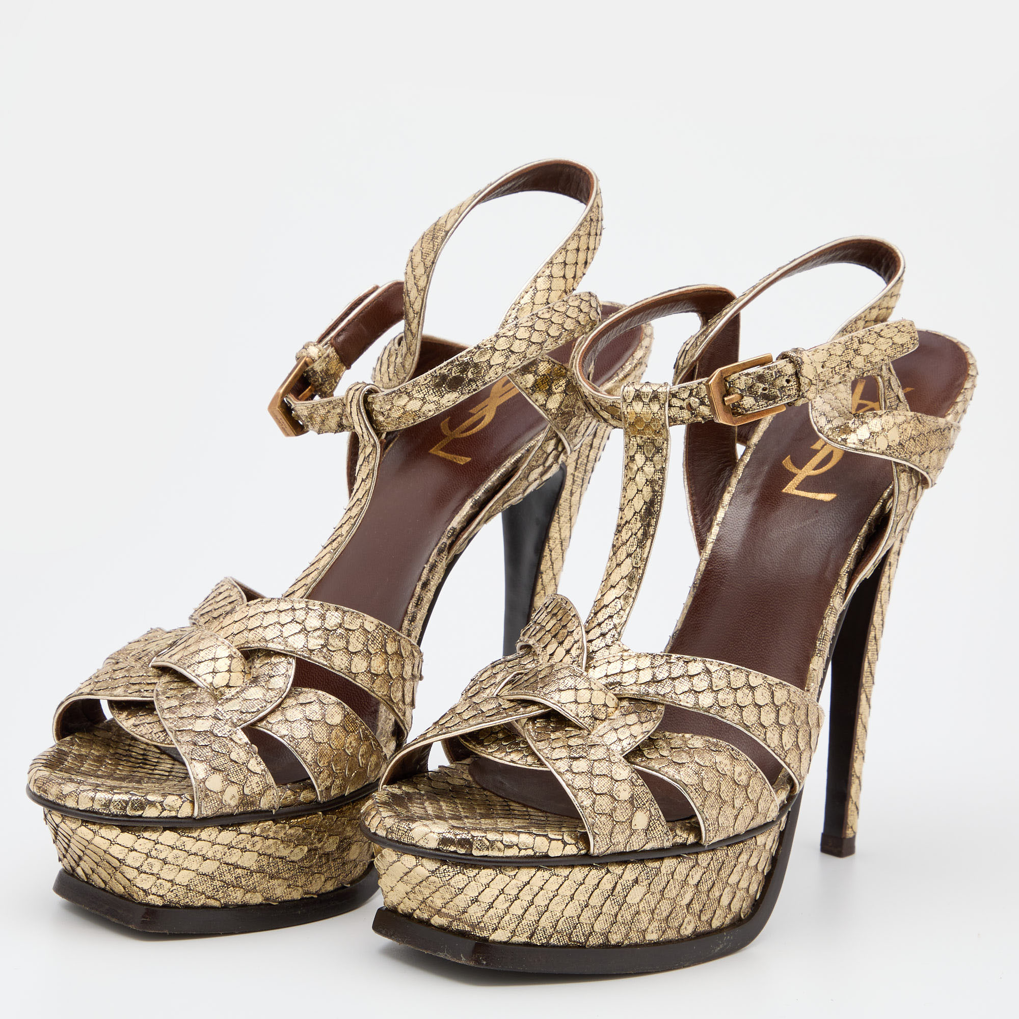 Saint Laurent Metallic Gold Python Tribute Platform Ankle Strap Platform Sandals Size
Saint Laurent Metallic Gold Python Tribute Platform Ankle Strap Platform Sandals Size
