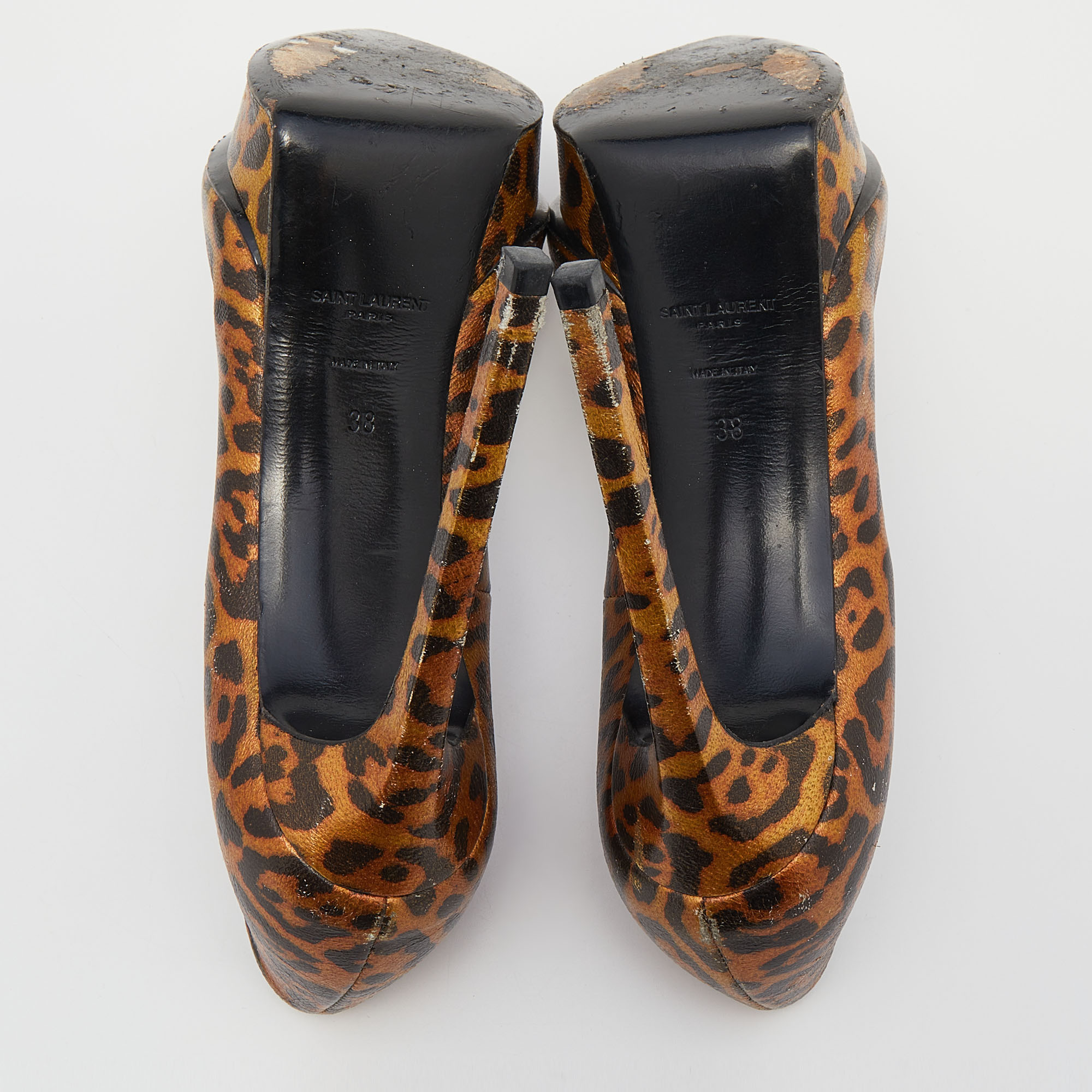 Saint Laurent Metallic Leopard Print Leather Janis Pointed Toe Platform Pumps Size 38