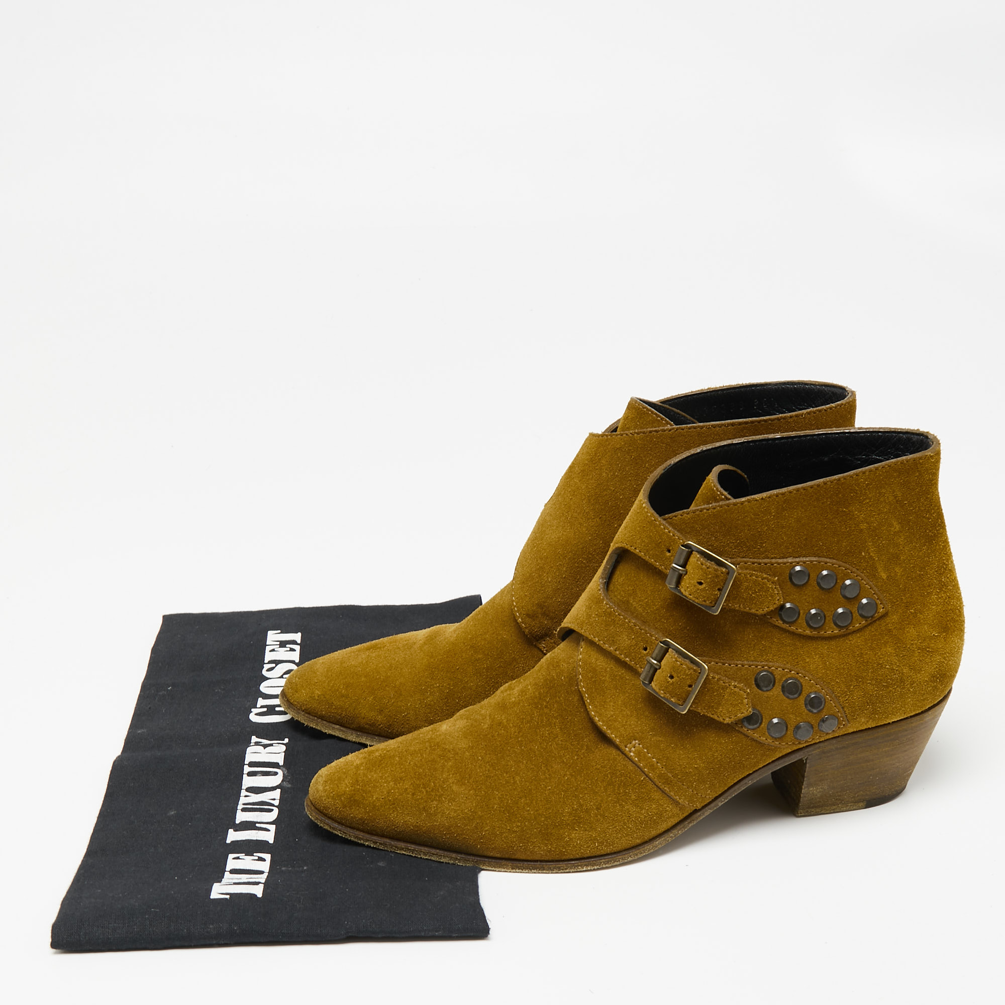 Saint Laurent Brown Suede Studded Ankle Boots Size 38.5