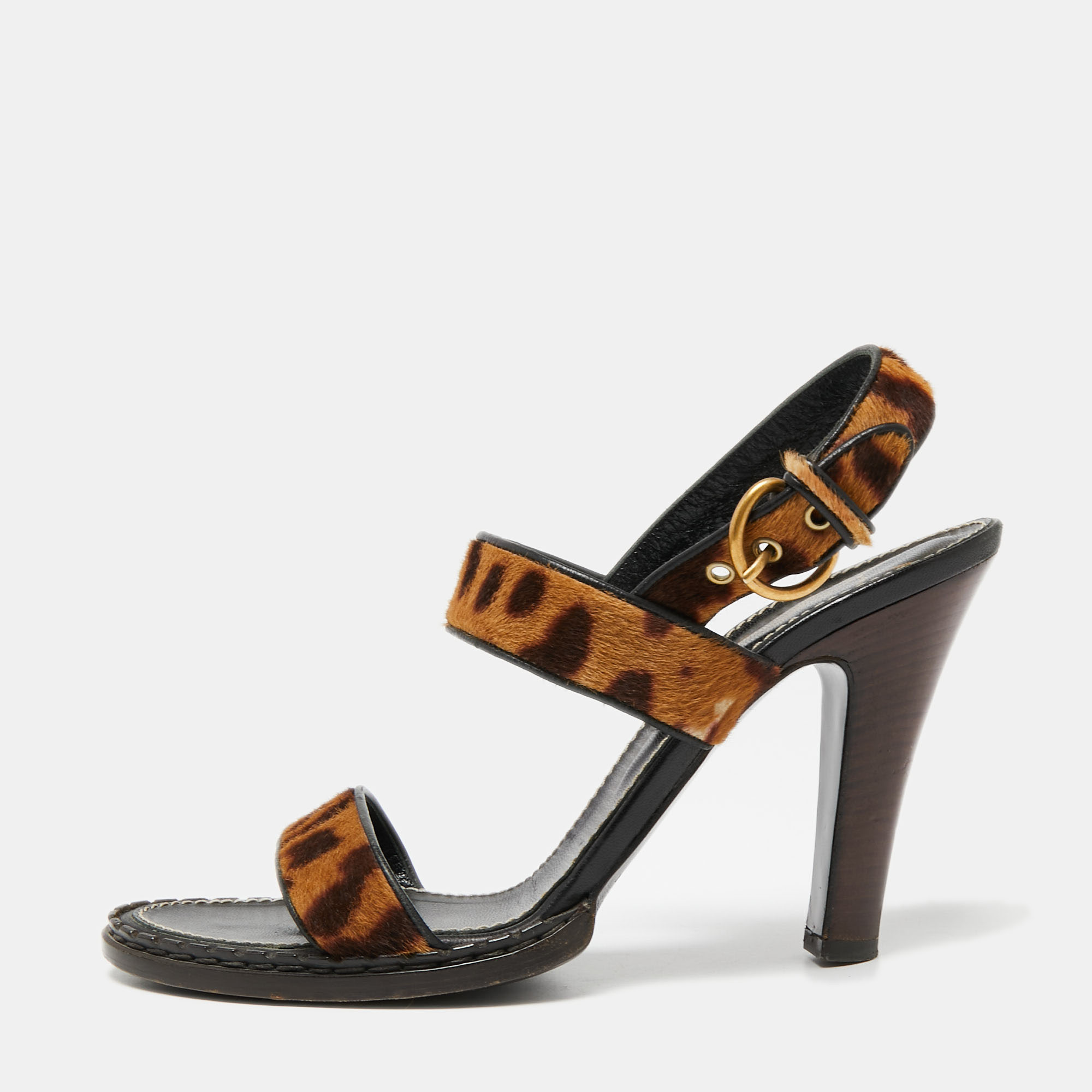 Saint laurent paris saint laurent beige/brown leopard print calf hair slingback sandals size 41