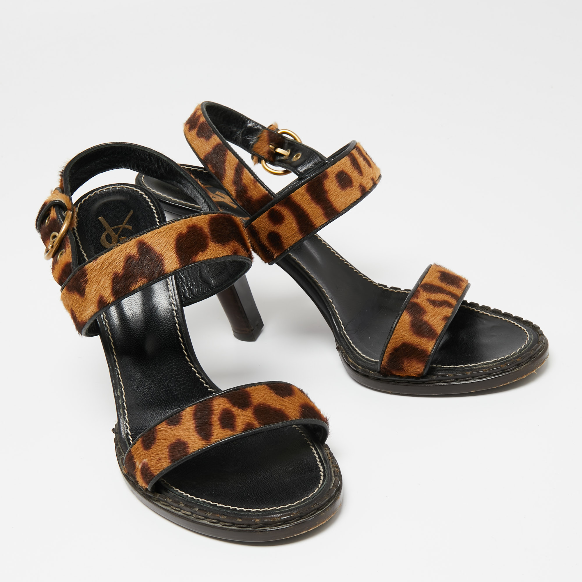 Saint Laurent Beige/Brown Leopard Print Calf Hair Slingback Sandals Size 41