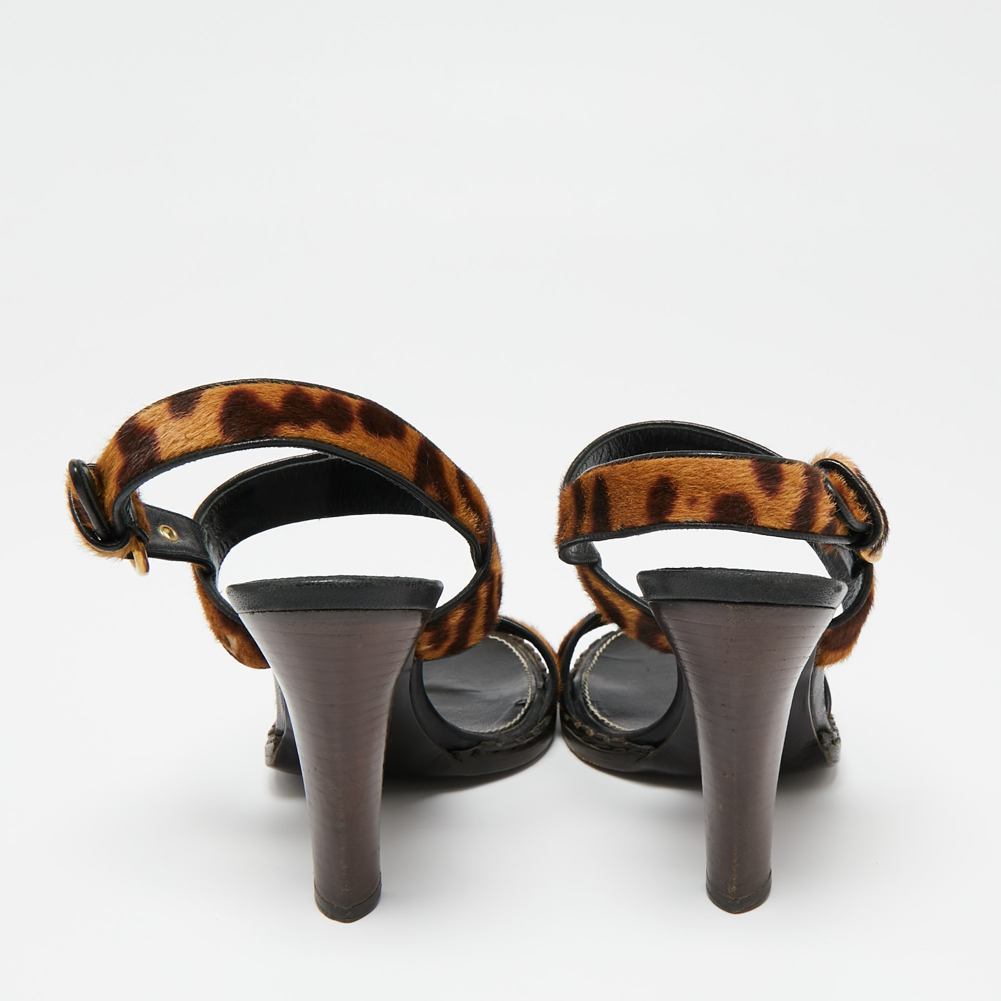 Saint Laurent Beige/Brown Leopard Print Calf Hair Slingback Sandals Size 41