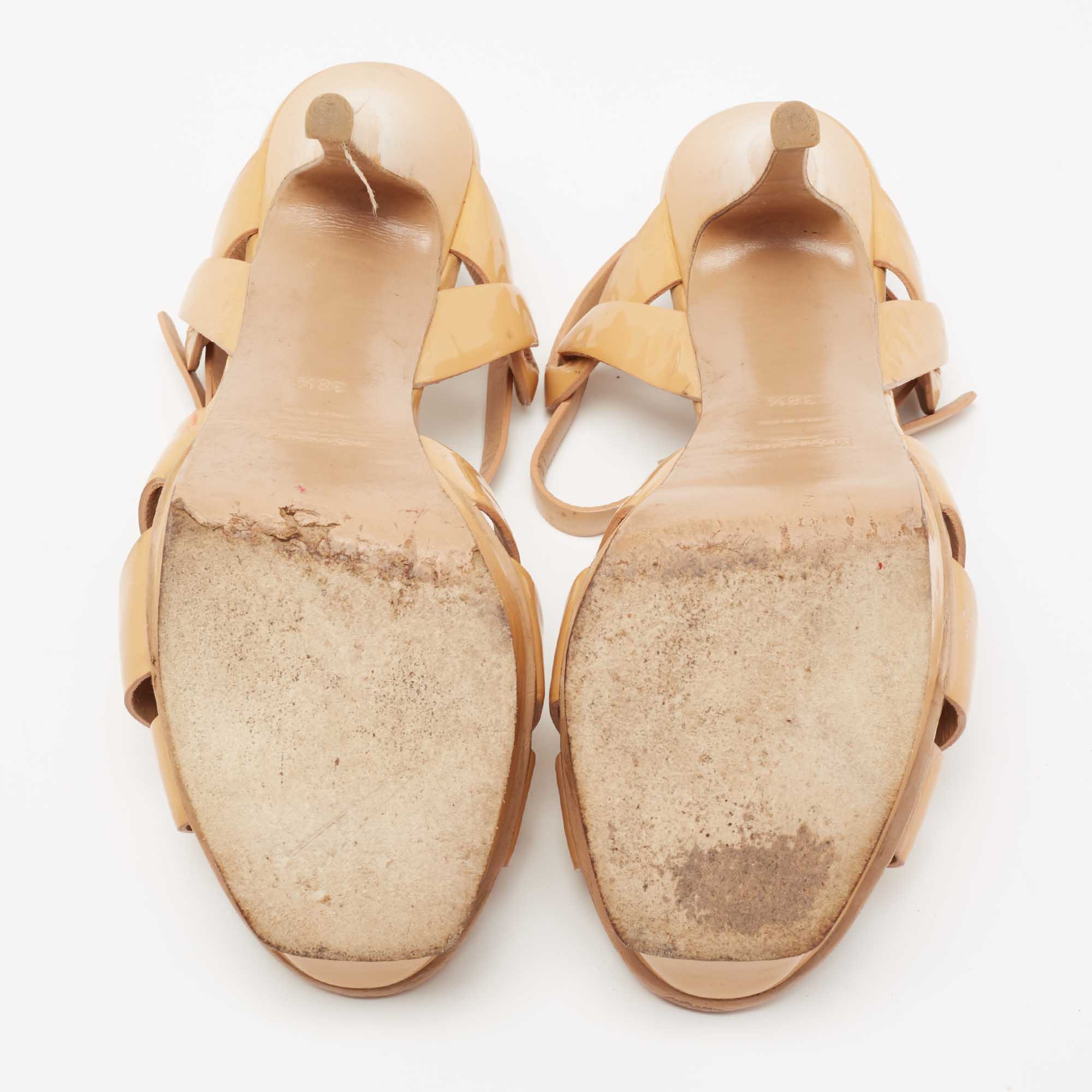 Saint Laurent Beige Patent Leather Tribute Platform Sandals Size 38.5