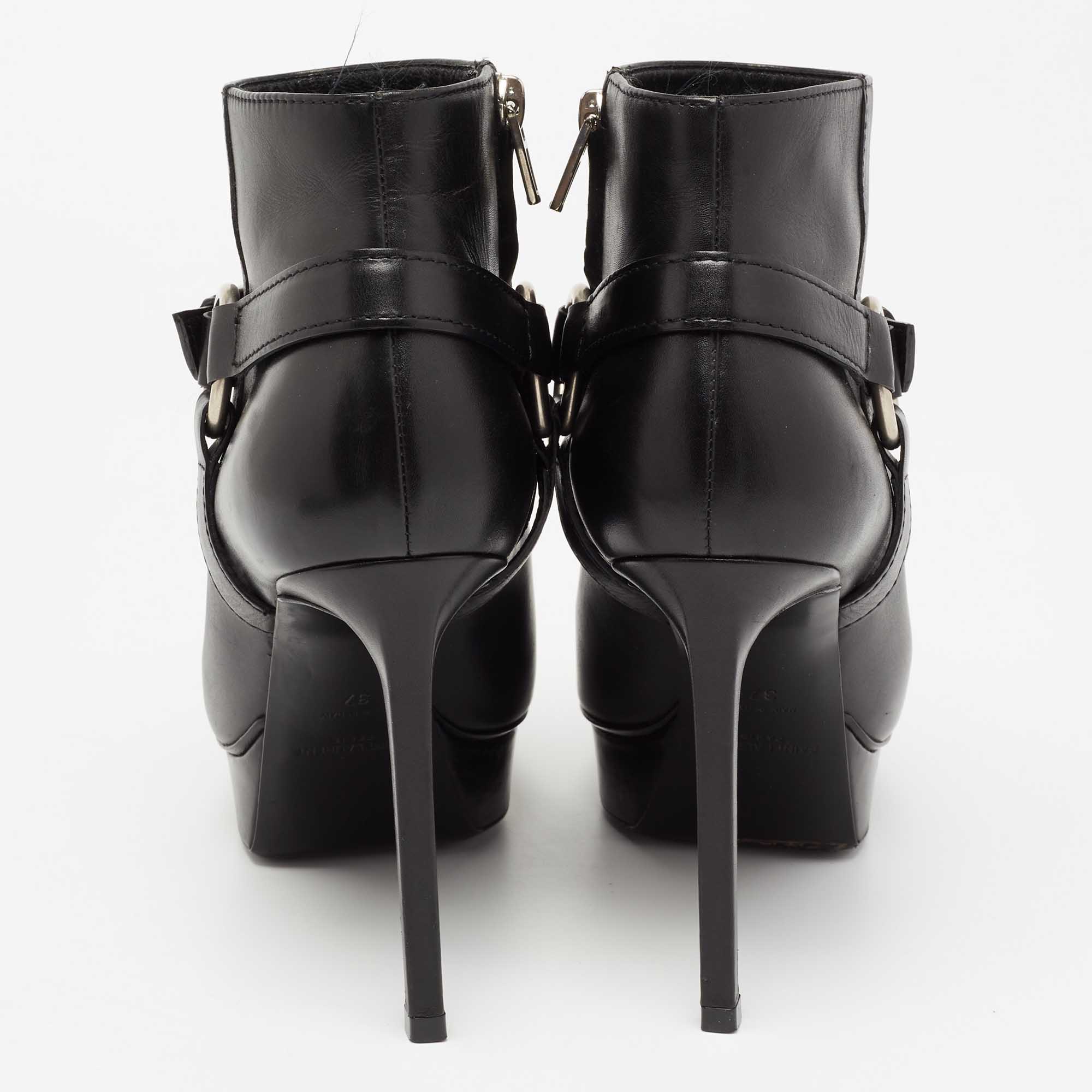 Saint Laurent Black Leather Platform Ankle Boots Size 37