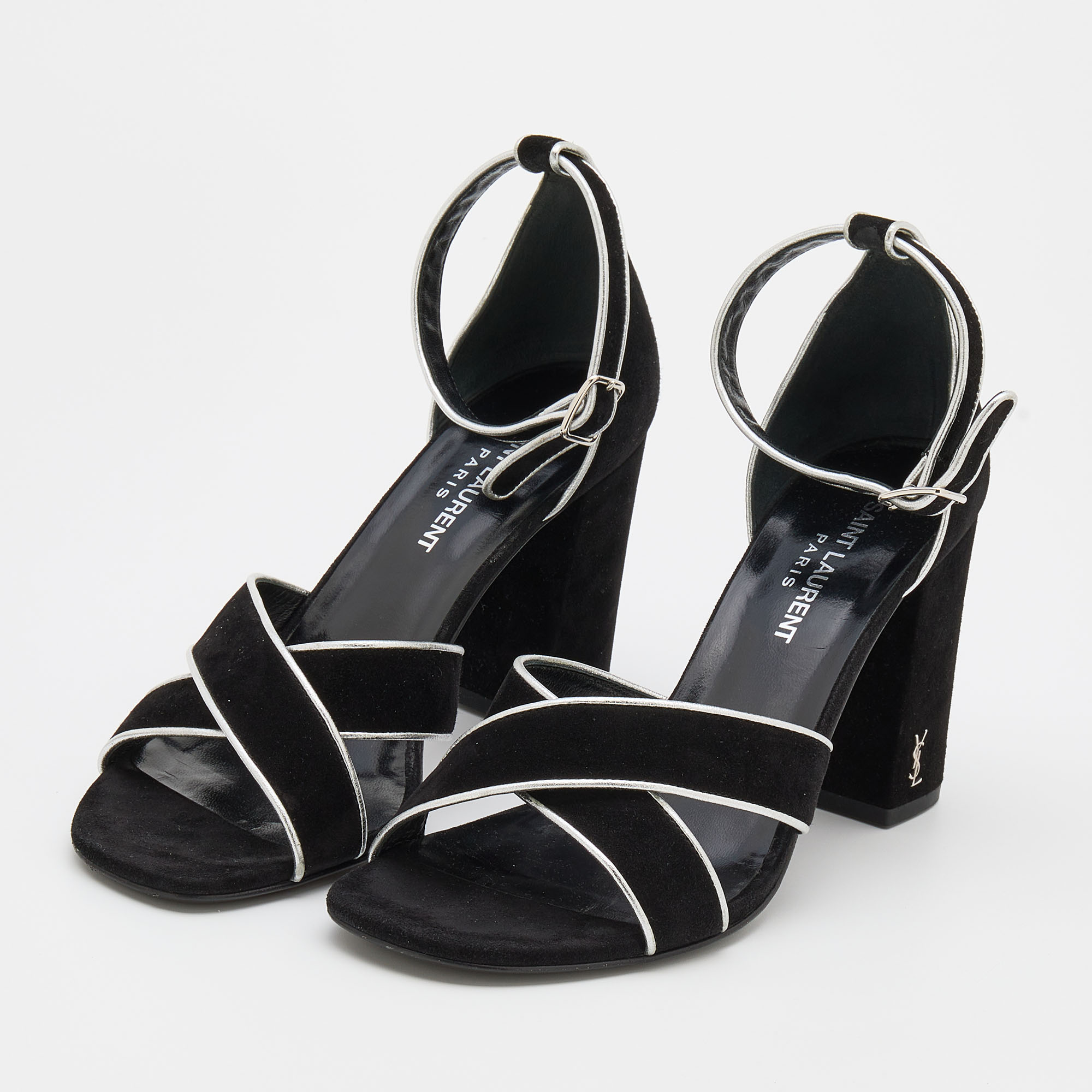Saint Laurent Black/Silver Suede and Leather Ankle Strap Sandals Size
Saint Laurent Black/Silver Suede and Leather Ankle Strap Sandals Size