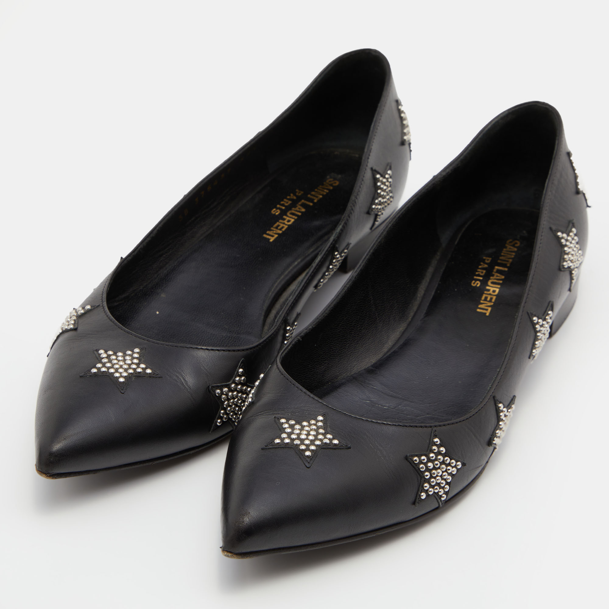 

Saint Laurent Black Leather Star Studded Pointed Toe Ballet Flats Size