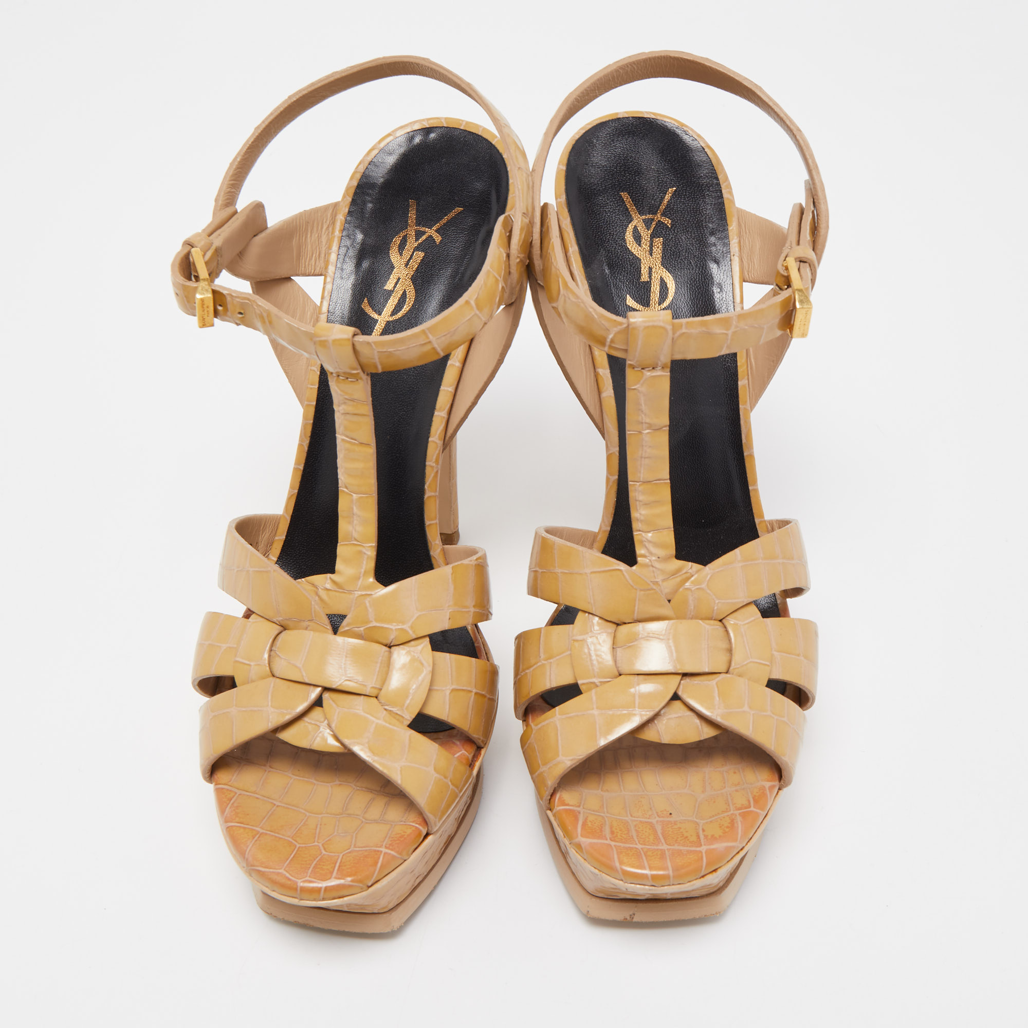 Saint Laurent Beige Croc Embossed Leather Tribute Ankle Strap Sandals Size 38.5