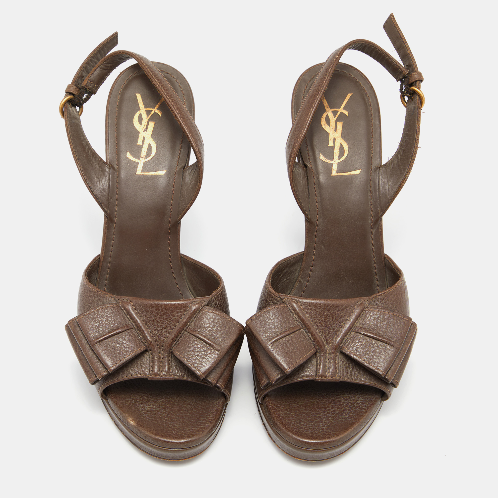 Saint Laurent Brown Leather Y-Bow Platform Sandals Size 37.5