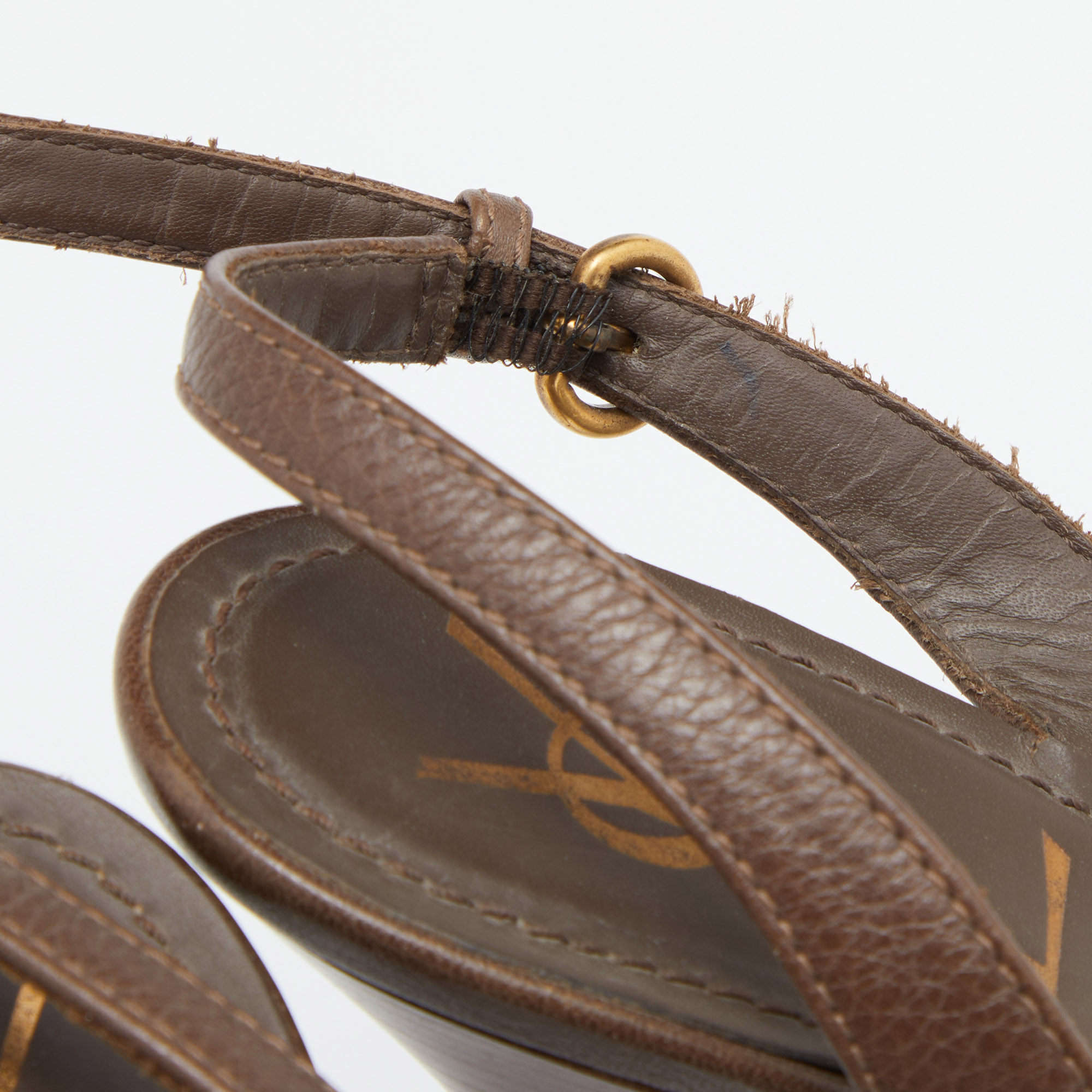 Saint Laurent Brown Leather Y-Bow Platform Sandals Size 37.5