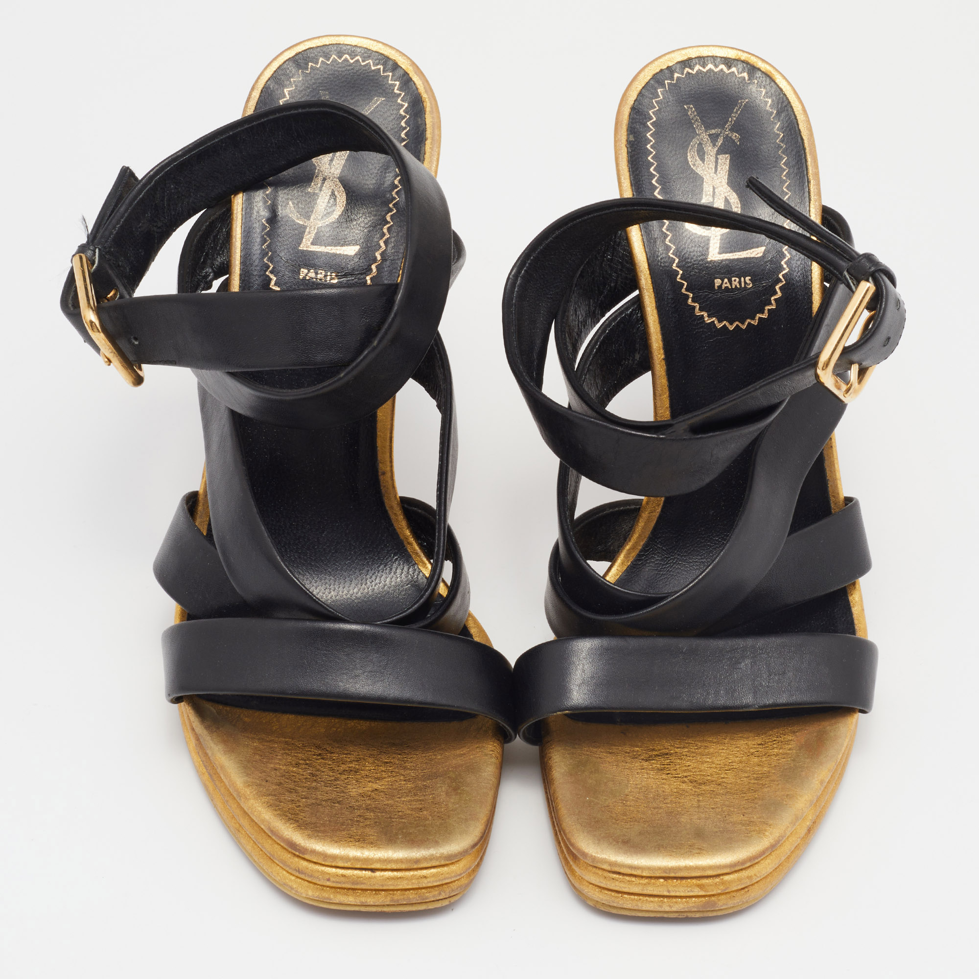 Saint Laurent Black/Gold Leather  Ankle Wrap Sandals Size 37.5